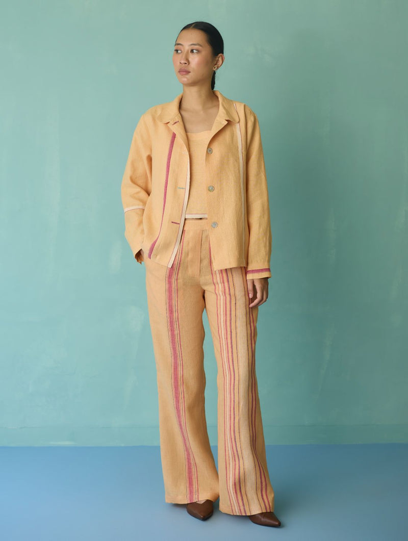 Della Border Linen Jacket - Apricot linen jacket/overlay by Manan in apricot for women in Singapore