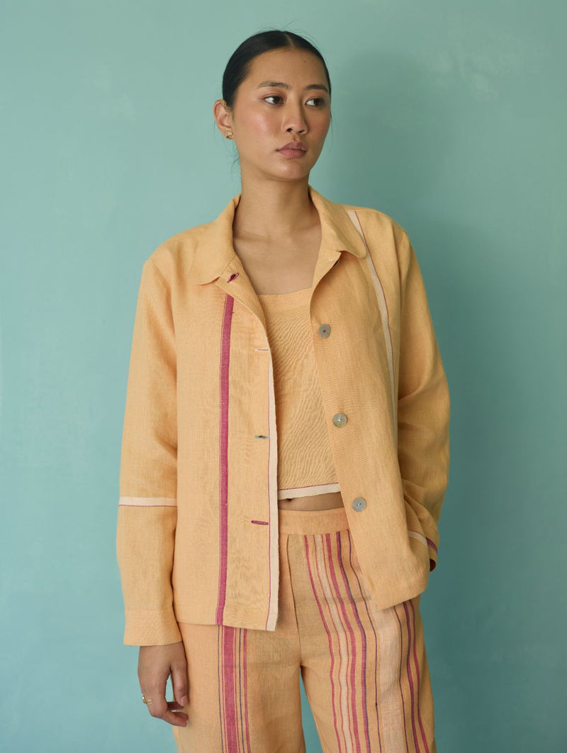 Della Border Linen Jacket - Apricot linen jacket/overlay by Manan in apricot for women in Singapore