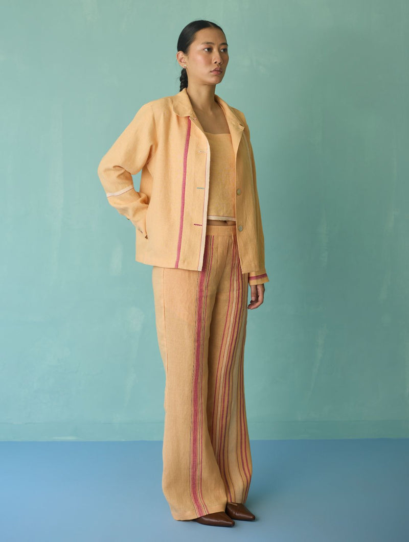 Della Border Linen Jacket - Apricot linen jacket/overlay by Manan in apricot for women in Singapore