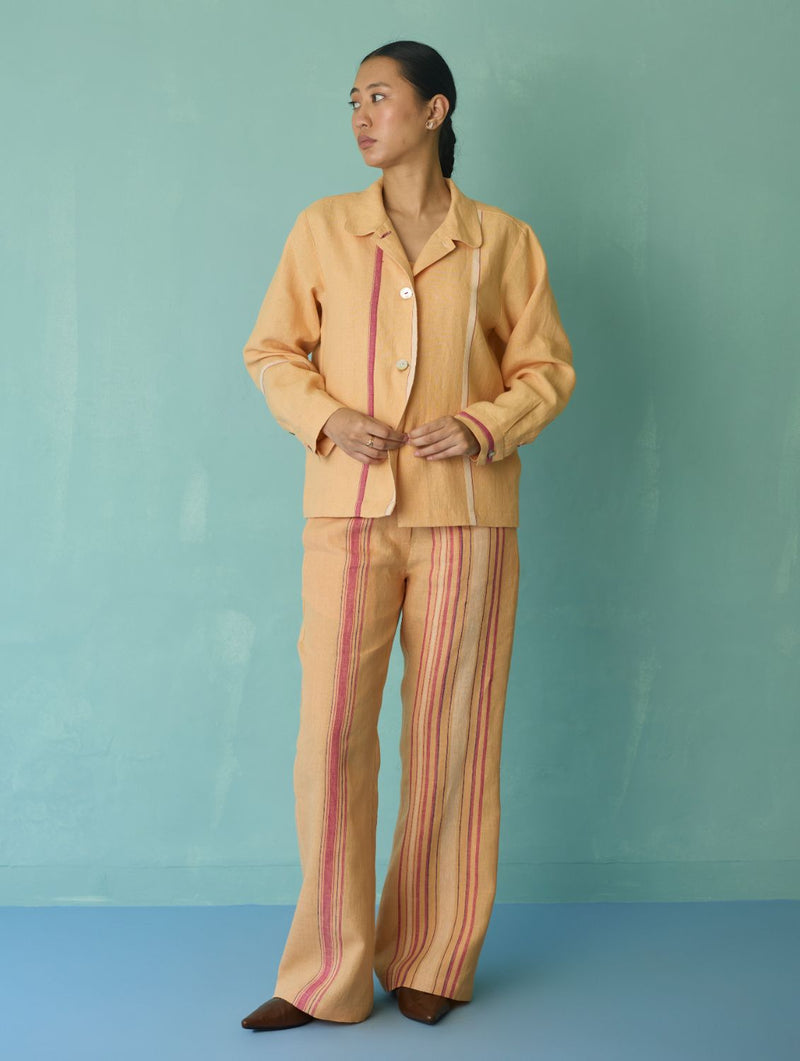 Della Border Linen Jacket - Apricot linen jacket/overlay by Manan in apricot for women in Singapore
