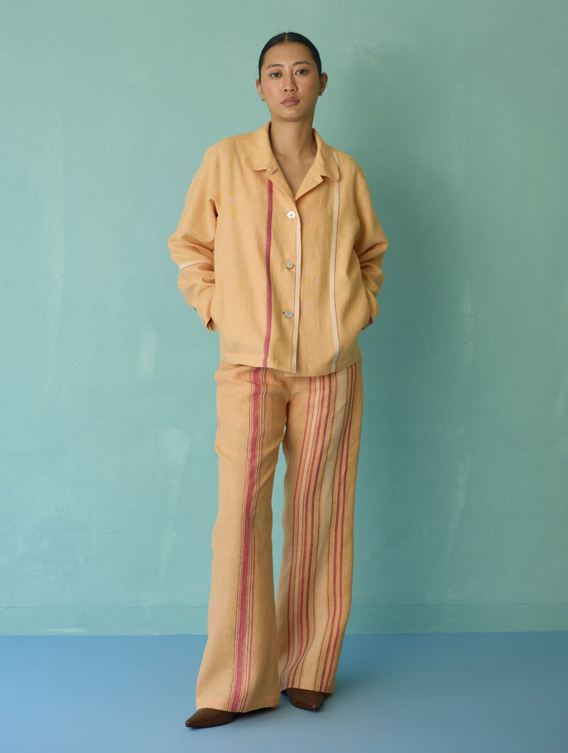 Della Border Linen Jacket - Apricot linen jacket/overlay by Manan in apricot for women in Singapore