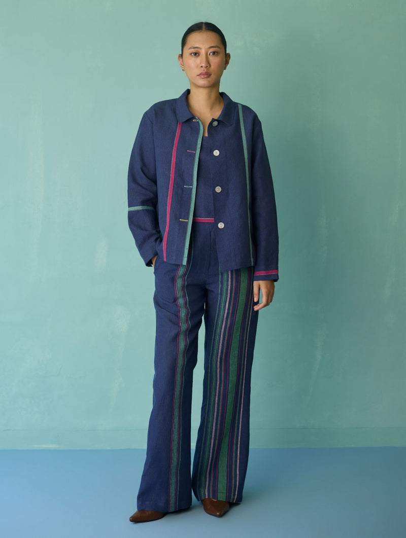 Della Border Linen Jacket - Indigo linen jacket/overlay by Manan in navy for women in Singapore