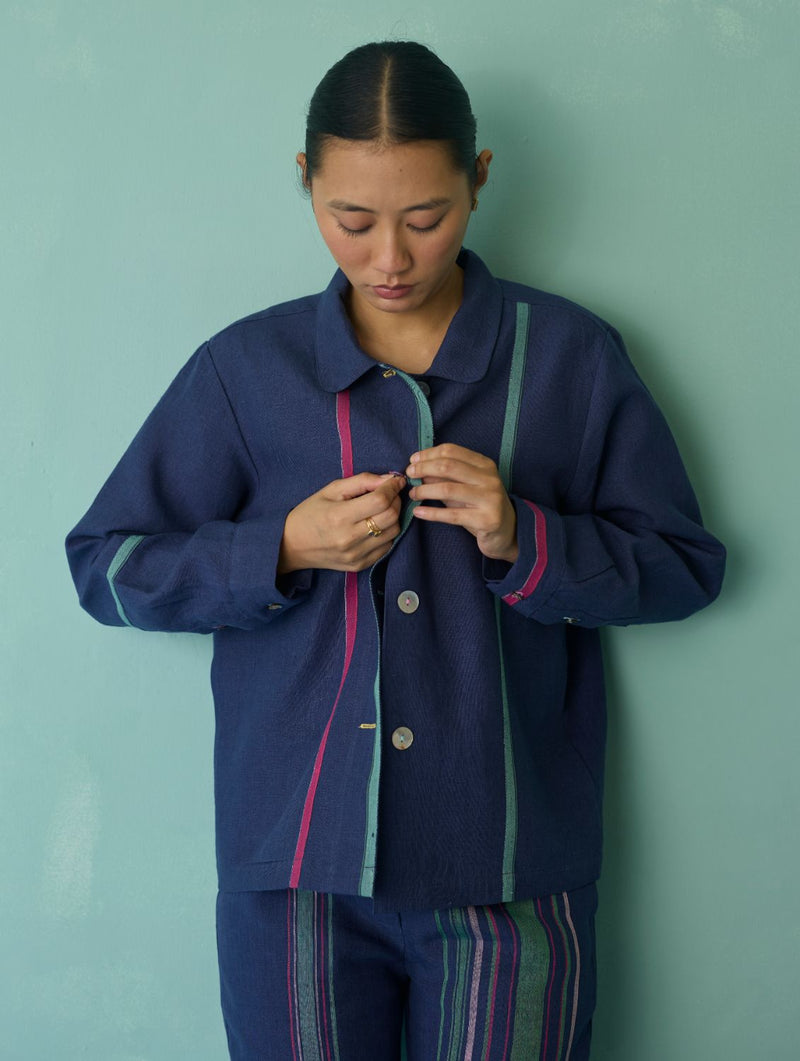 Della Border Linen Jacket - Indigo linen jacket/overlay by Manan in navy for women in Singapore