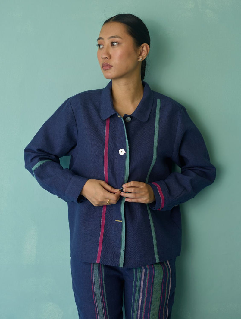 Della Border Linen Jacket - Indigo linen jacket/overlay by Manan in navy for women in Singapore