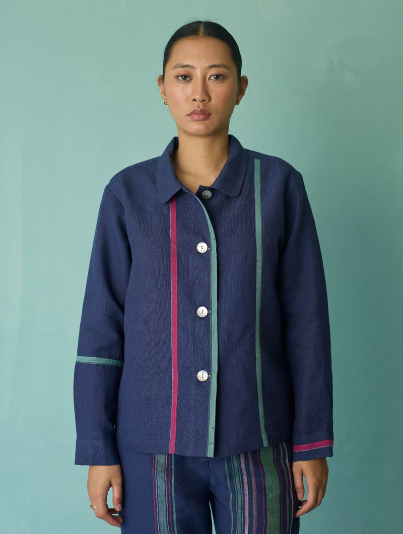 Della Border Linen Jacket - Indigo linen jacket/overlay by Manan in navy for women in Singapore