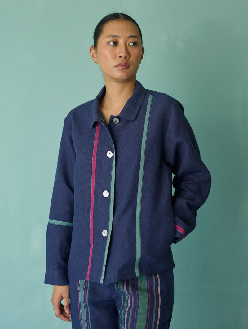 Della Border Linen Jacket - Indigo linen jacket/overlay by Manan in navy for women in Singapore