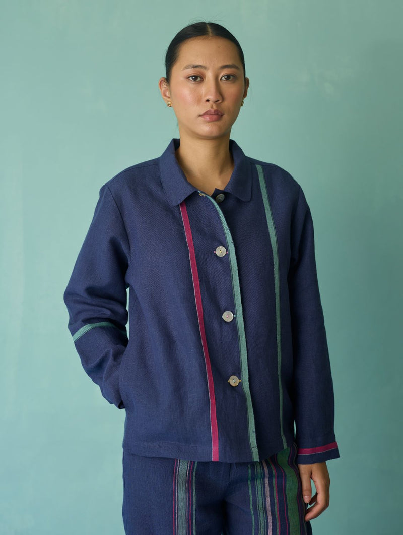 Della Border Linen Jacket - Indigo linen jacket/overlay by Manan in navy for women in Singapore