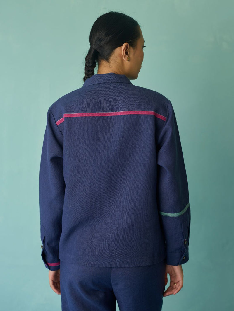 Della Border Linen Jacket - Indigo linen jacket/overlay by Manan in navy for women in Singapore