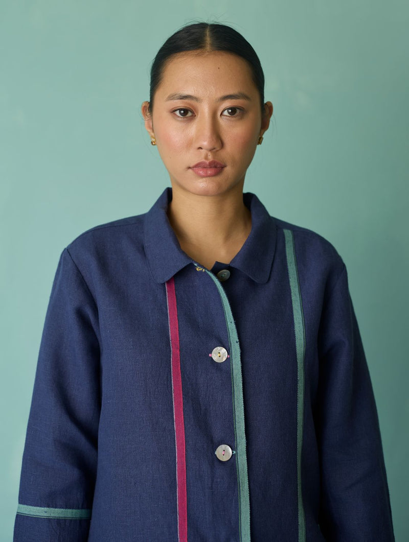 Della Border Linen Jacket - Indigo linen jacket/overlay by Manan in navy for women in Singapore
