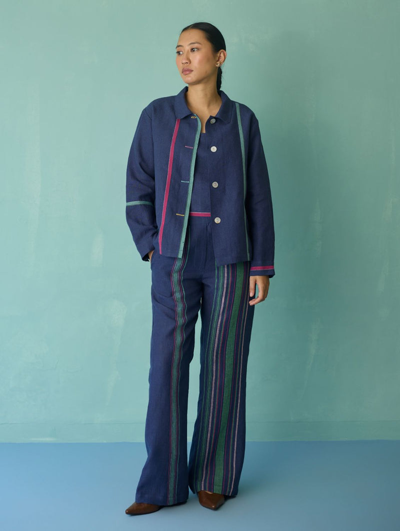 Della Border Linen Jacket - Indigo linen jacket/overlay by Manan in navy for women in Singapore