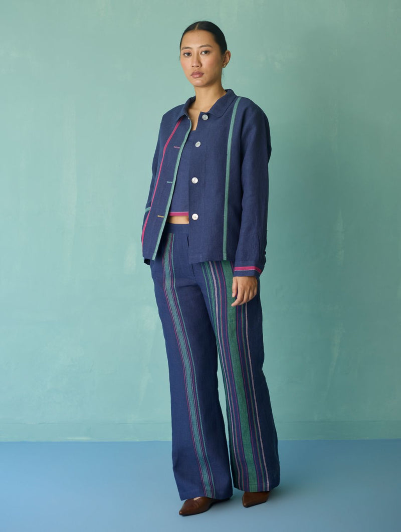 Della Border Linen Jacket - Indigo linen jacket/overlay by Manan in navy for women in Singapore