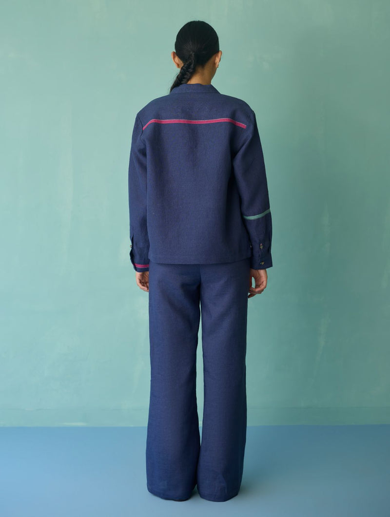 Della Border Linen Jacket - Indigo linen jacket/overlay by Manan in navy for women in Singapore