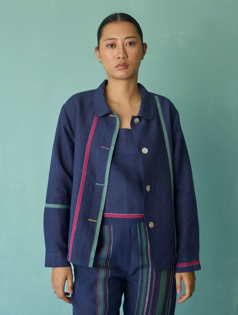 Della Border Linen Jacket - Indigo linen jacket/overlay by Manan in navy for women in Singapore