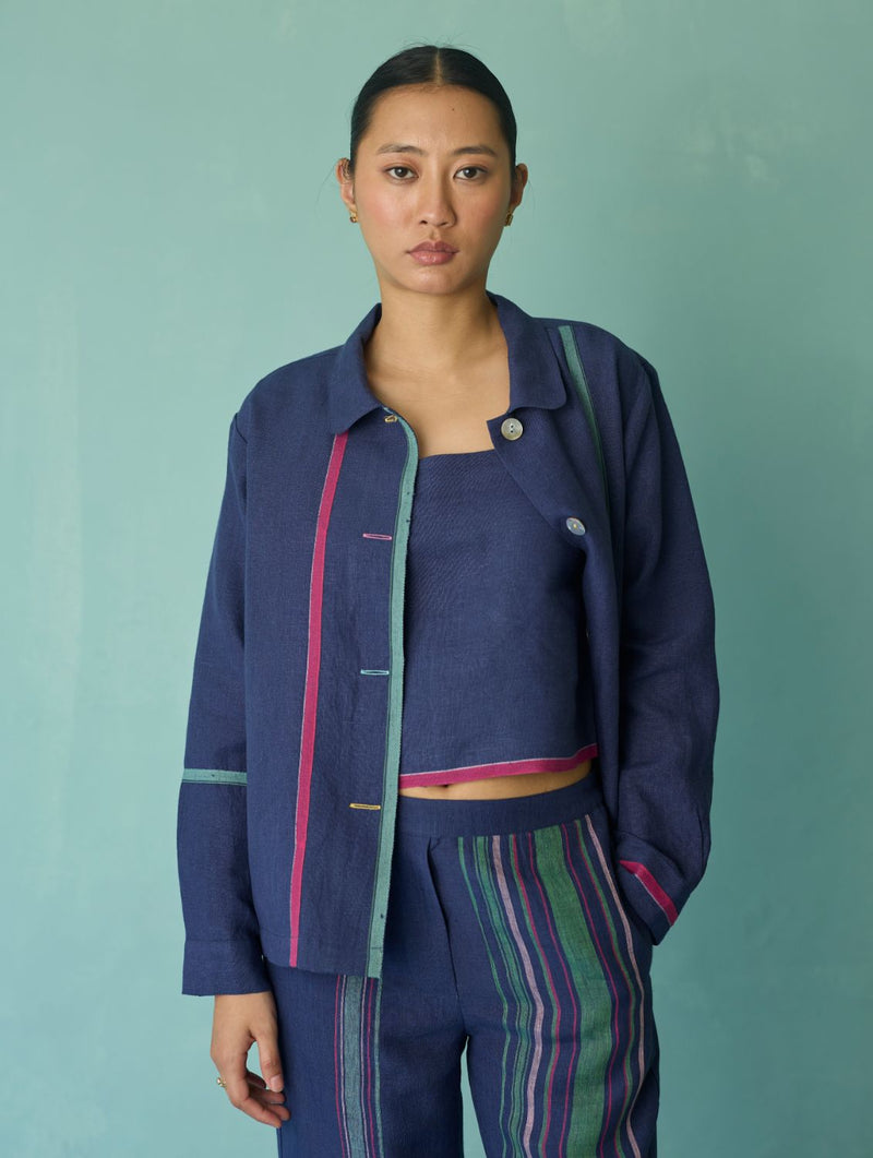 Della Border Linen Jacket - Indigo linen jacket/overlay by Manan in navy for women in Singapore