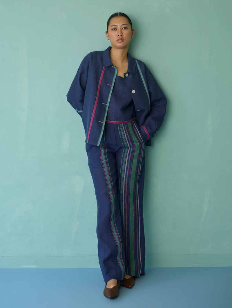 Della Border Linen Jacket - Indigo linen jacket/overlay by Manan in navy for women in Singapore