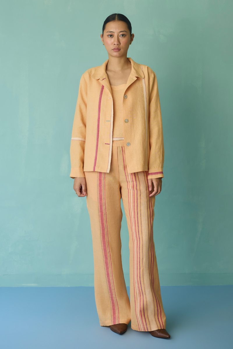 Della Border Linen Jacket - Apricot linen jacket/overlay by Manan in apricot for women in Singapore