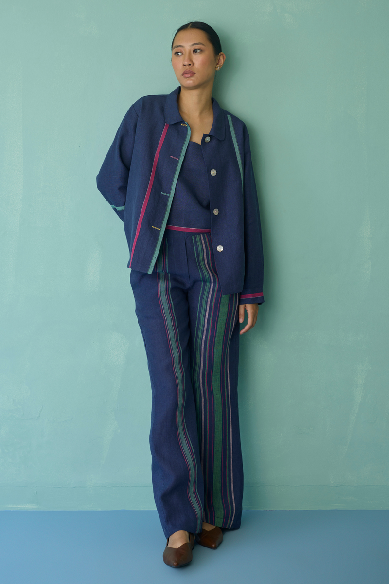 Della Border Linen Jacket - Indigo linen jacket/overlay by Manan in navy for women in Singapore