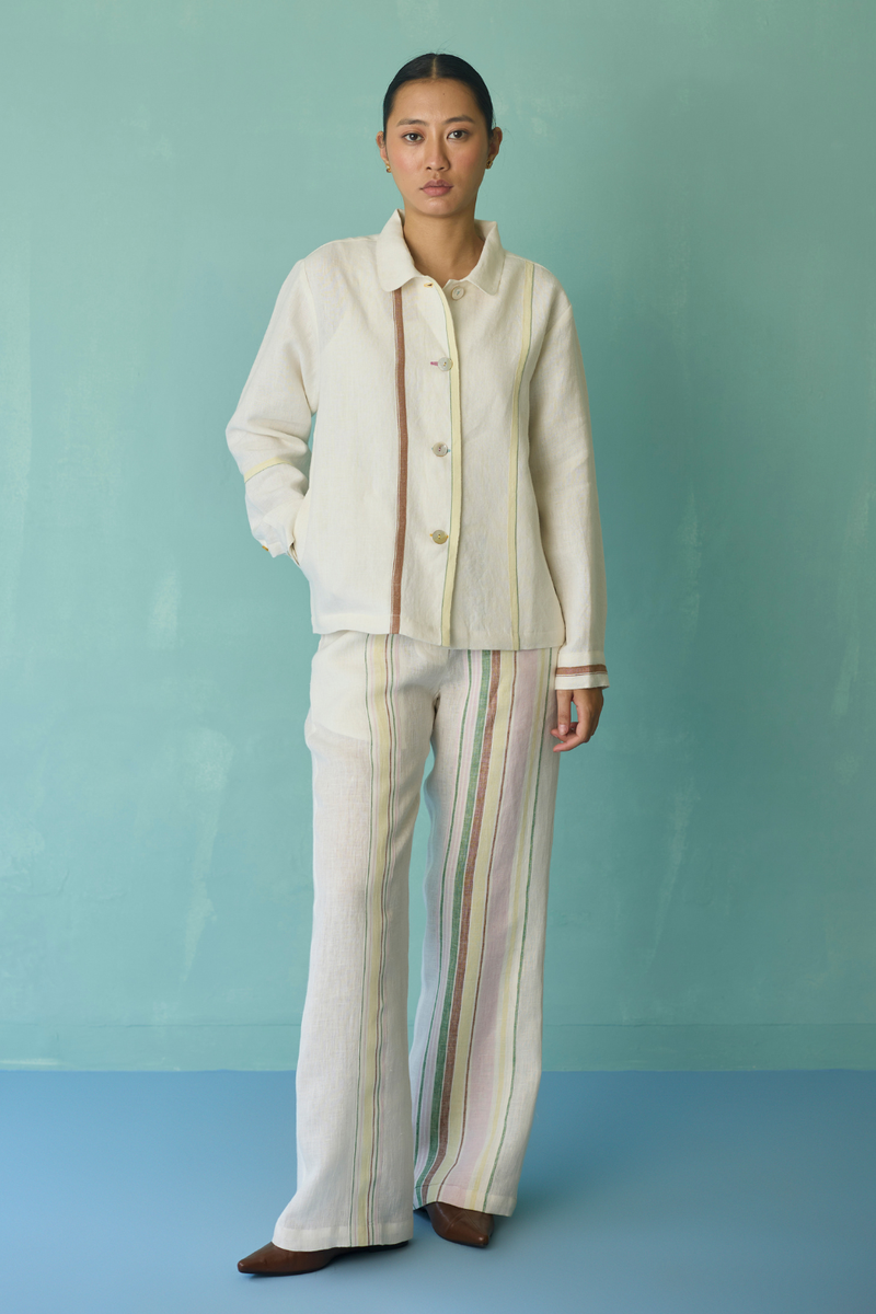 Della Border Linen Jacket - Ivory linen jacket/overlay by Manan in ivory for women in Singapore