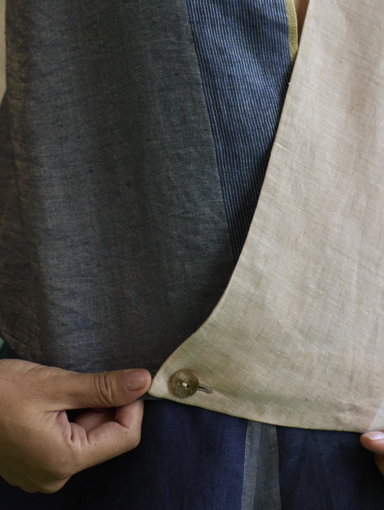 Izumi Color-Blocked Co-ord Set - Navy linen by Manan in navy color for women in Singapore