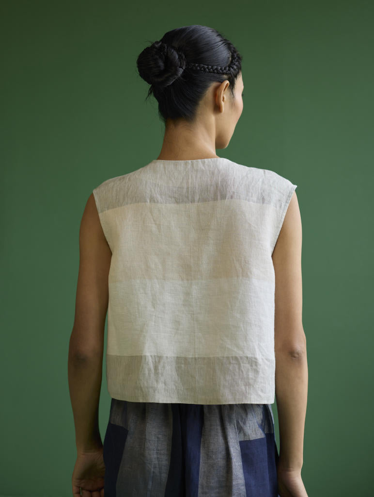 Izumi Color-Blocked Co-ord Set - Navy linen by Manan in navy color for women in Singapore