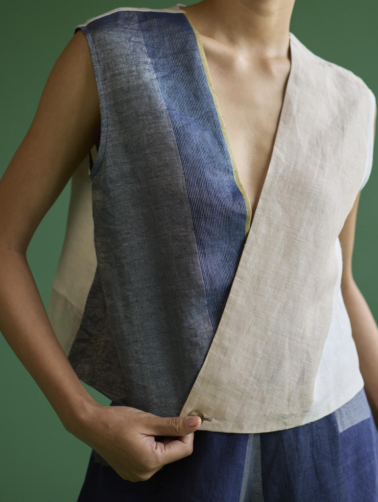 Izumi Color-Blocked Co-ord Set - Navy linen by Manan in navy color for women in Singapore