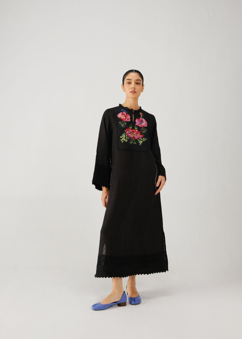 Jolene dress-Black Rose Embroidery linen by CORD for women in Singapore