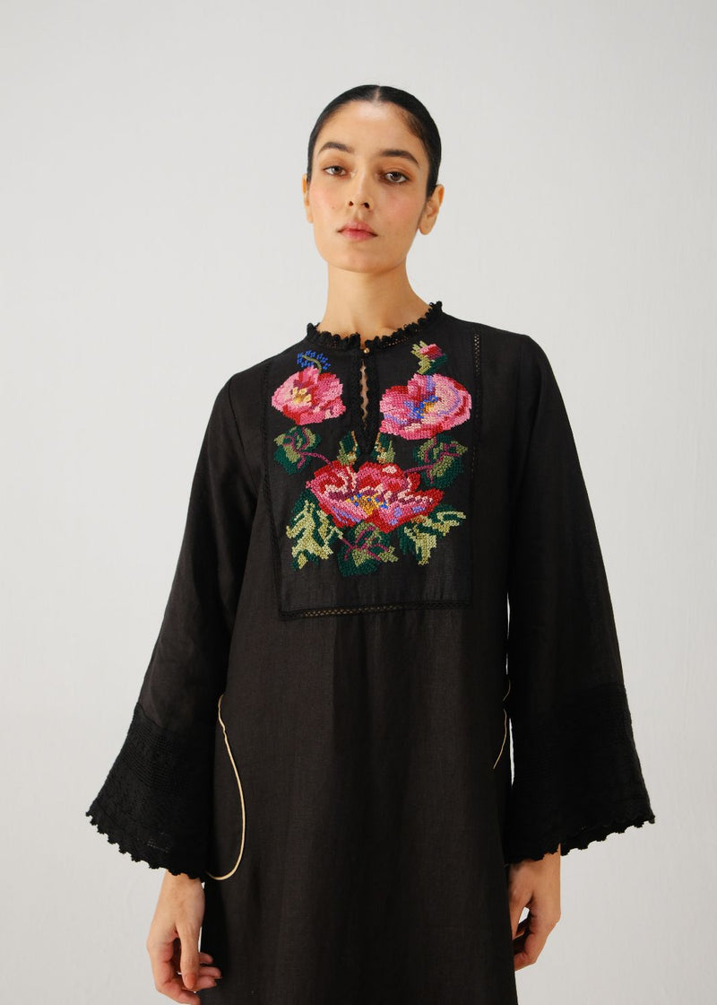Jolene dress-Black Rose Embroidery linen by CORD for women in Singapore