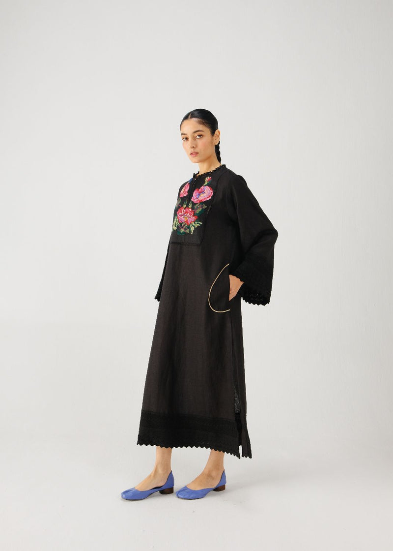 Jolene dress-Black Rose Embroidery linen by CORD for women in Singapore