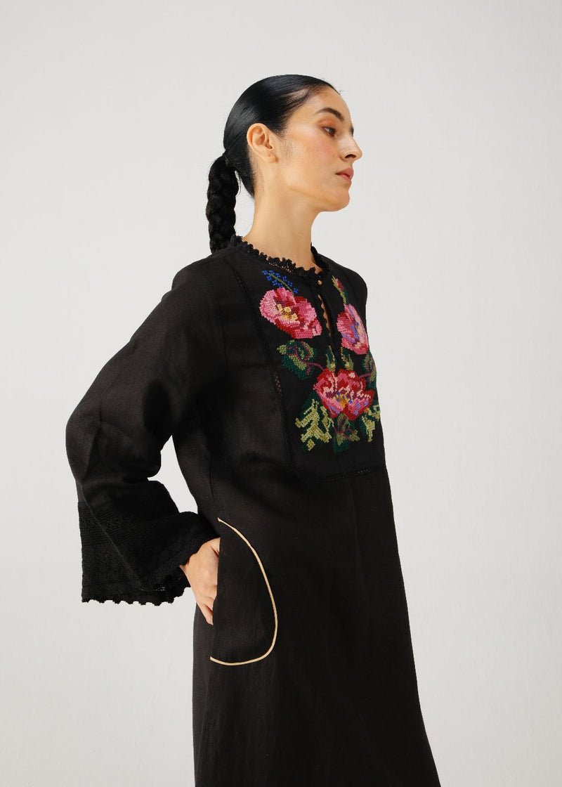 Jolene dress-Black Rose Embroidery linen by CORD for women in Singapore