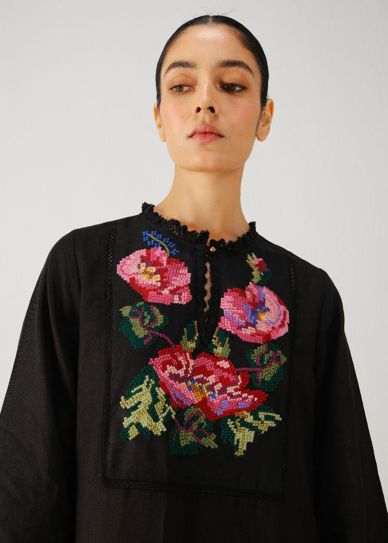 Jolene dress-Black Rose Embroidery linen by CORD for women in Singapore