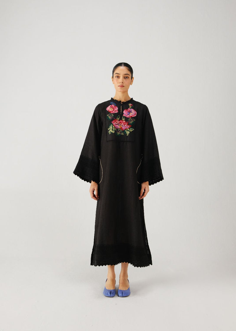 Jolene dress-Black Rose Embroidery linen by CORD for women in Singapore