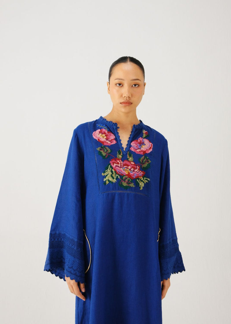 Jolene dress-Blue Rose Embroidery linen by CORD for women in Singapore