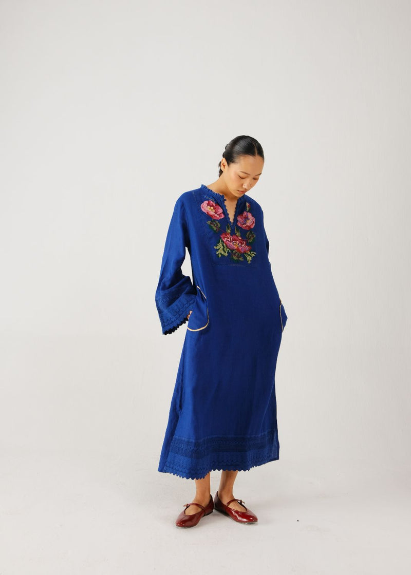 Jolene dress-Blue Rose Embroidery linen by CORD for women in Singapore
