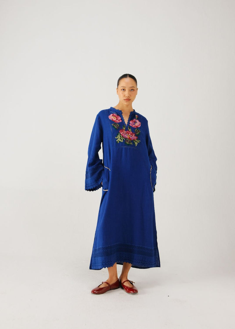 Jolene dress-Blue Rose Embroidery linen by CORD for women in Singapore