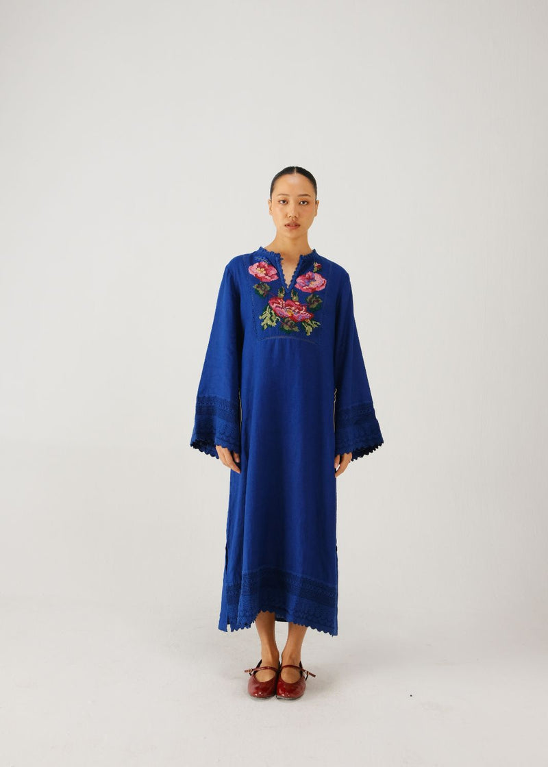 Jolene dress-Blue Rose Embroidery linen by CORD for women in Singapore