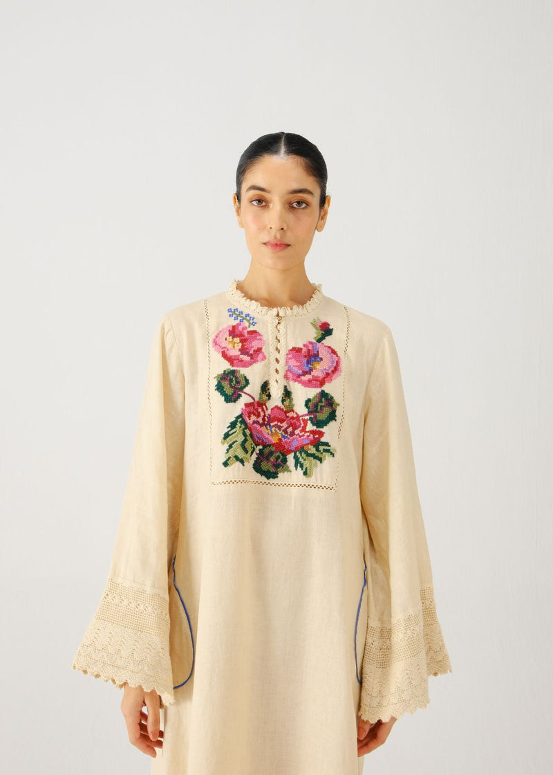 Jolene dress-Ivory Rose Embroidery linen by CORD for women in Singapore