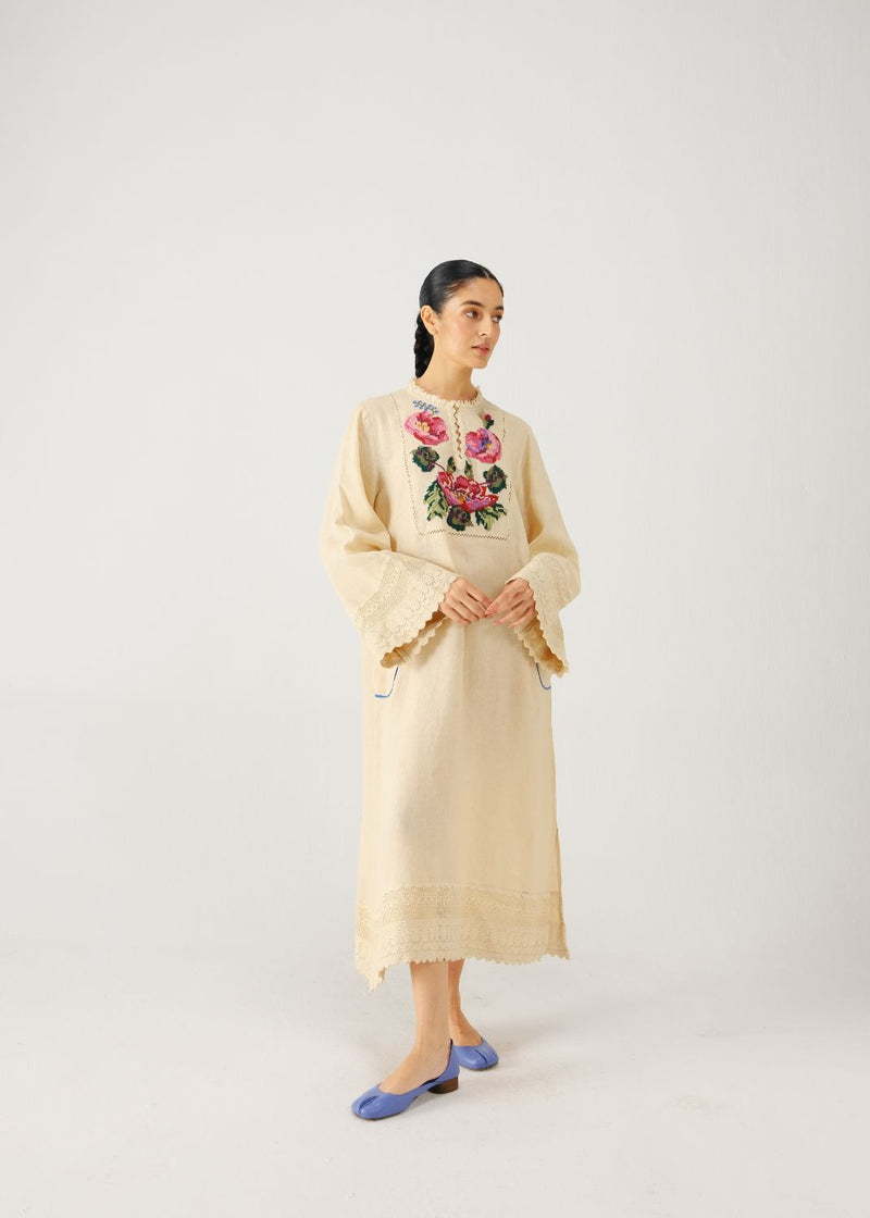 Jolene dress-Ivory Rose Embroidery linen by CORD for women in Singapore