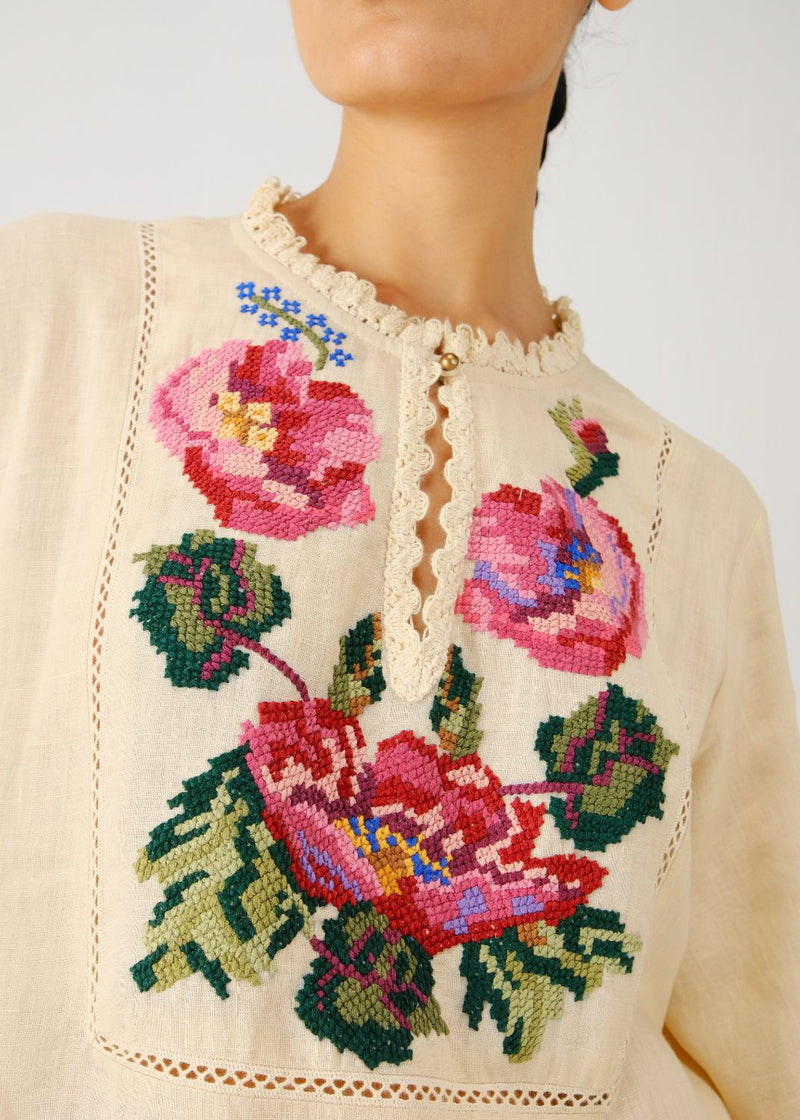 Jolene dress-Ivory Rose Embroidery linen by CORD for women in Singapore