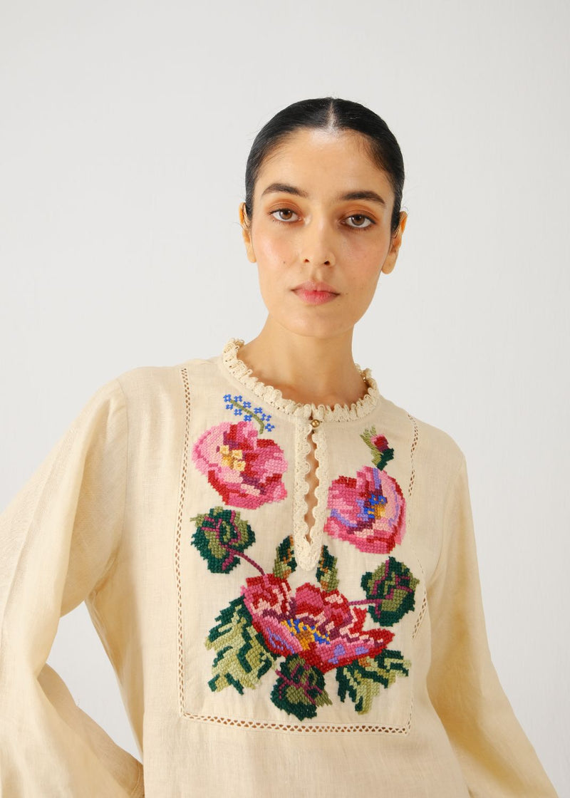 Jolene dress-Ivory Rose Embroidery linen by CORD for women in Singapore