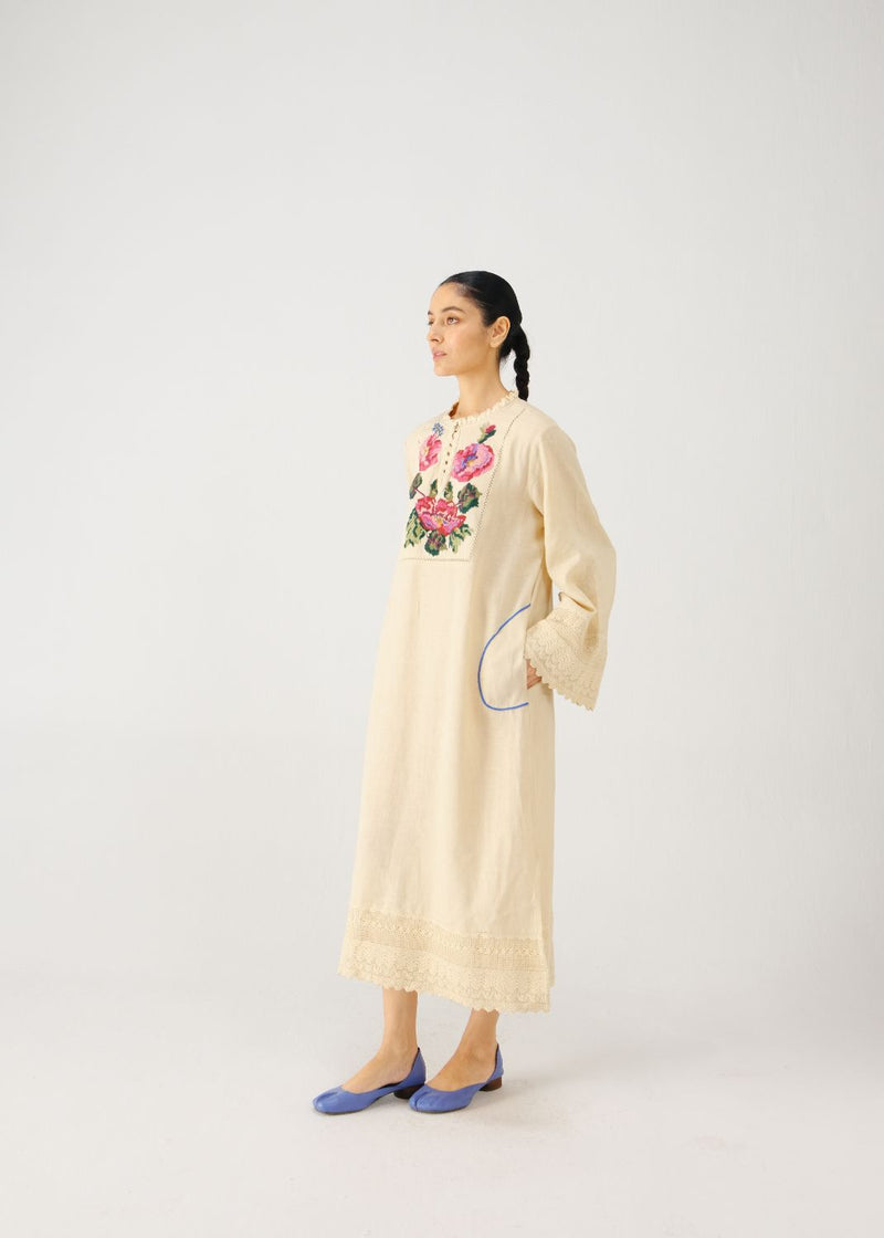 Jolene dress-Ivory Rose Embroidery linen by CORD for women in Singapore