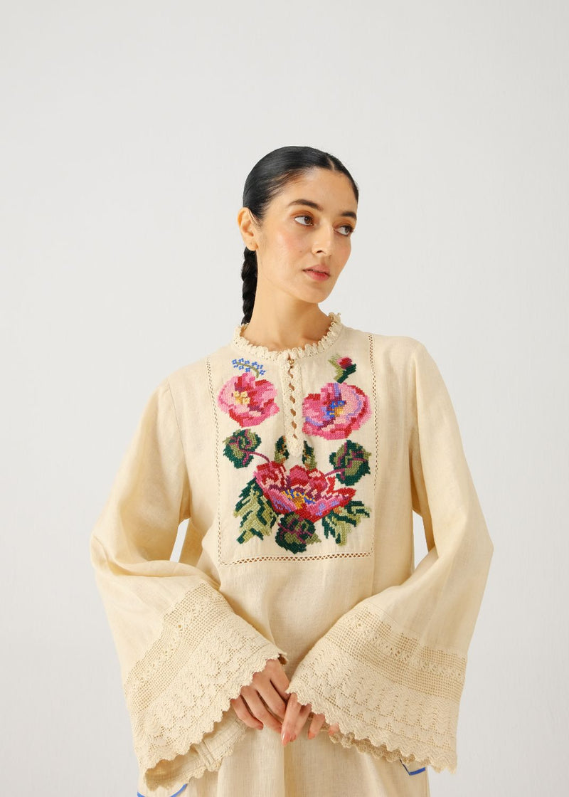 Jolene dress-Ivory Rose Embroidery linen by CORD for women in Singapore
