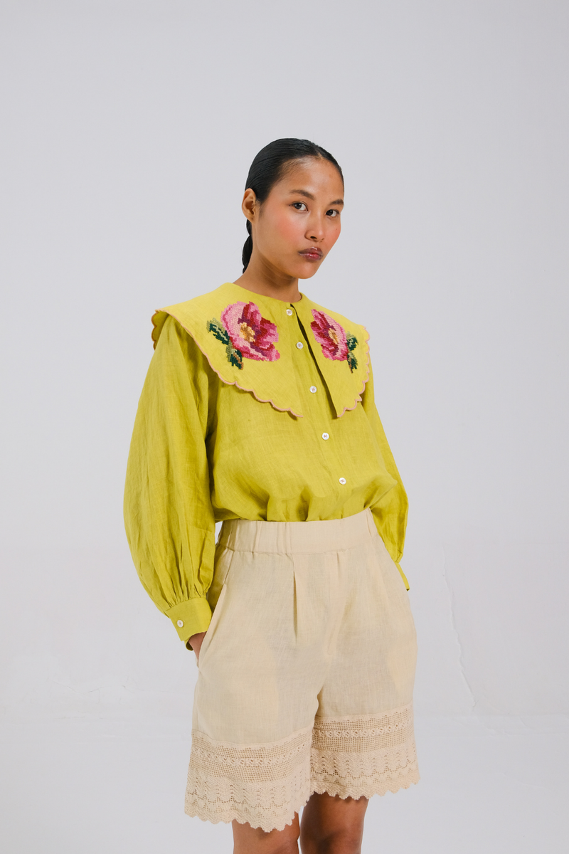 JULIA TOP - LIME ROSE EMB all linen by CORD for women in Singapore