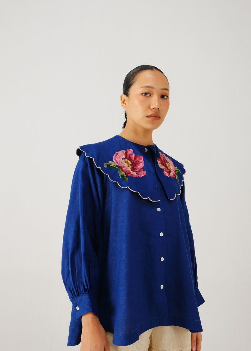 Julia top-Blue rose emb. linen by CORD for women in Singapore