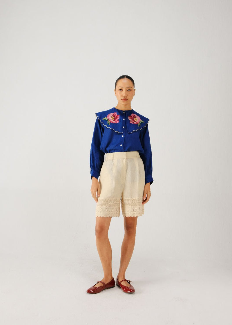 Julia top-Blue rose emb. linen by CORD for women in Singapore