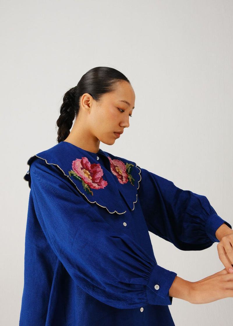 Julia top-Blue rose emb. linen by CORD for women in Singapore