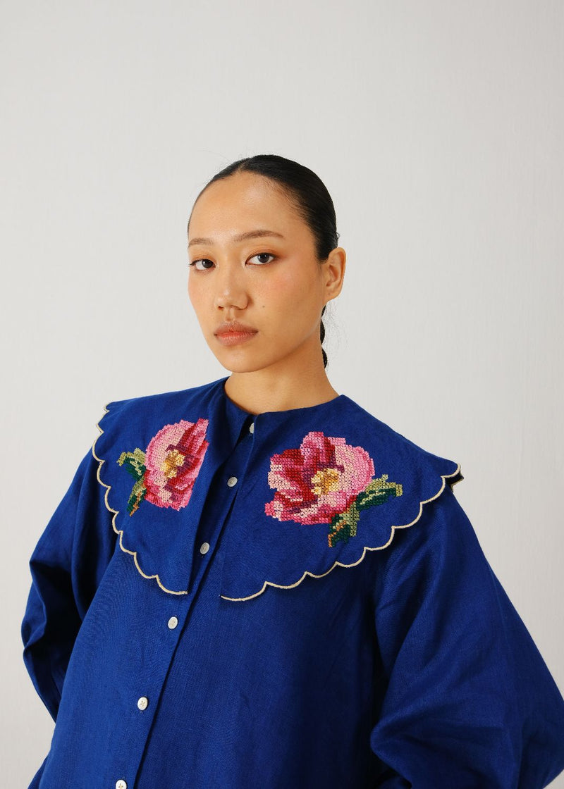 Julia top-Blue rose emb. linen by CORD for women in Singapore