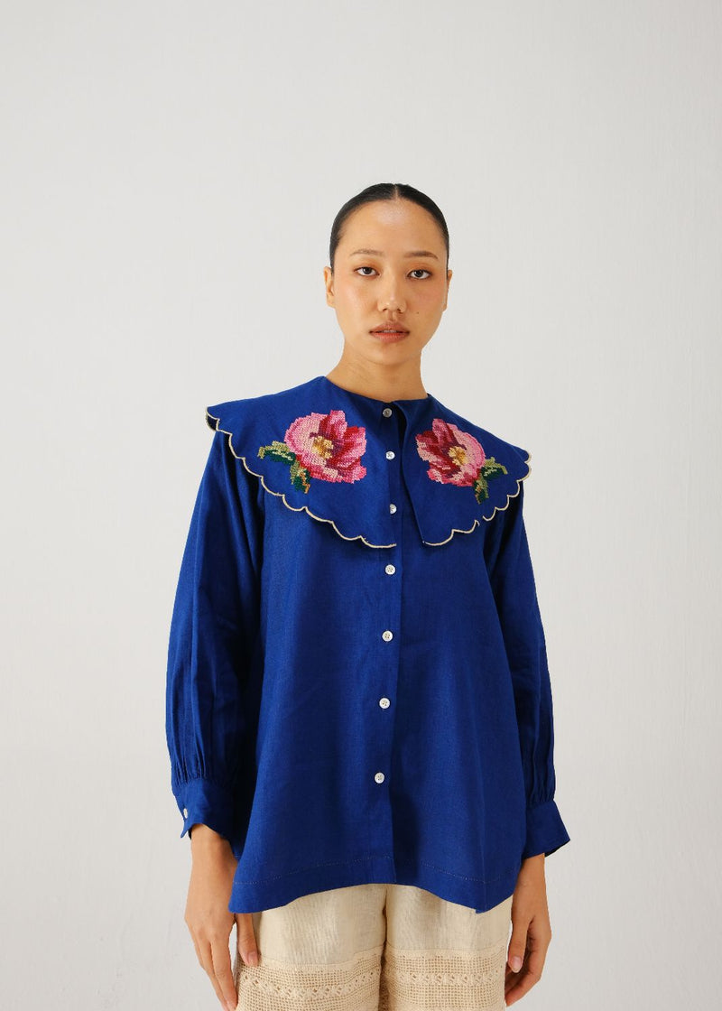 Julia top-Blue rose emb. linen by CORD for women in Singapore