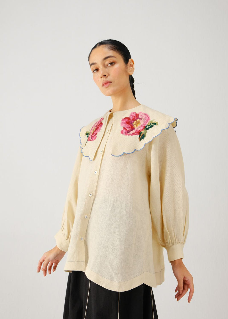 Julia top-Ivory rose emb. linen by CORD for women in Singapore