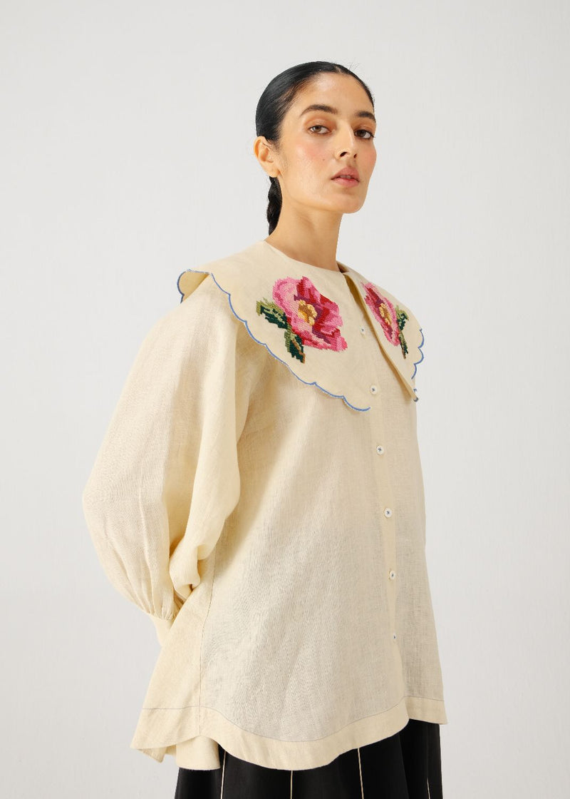 Julia top-Ivory rose emb. linen by CORD for women in Singapore