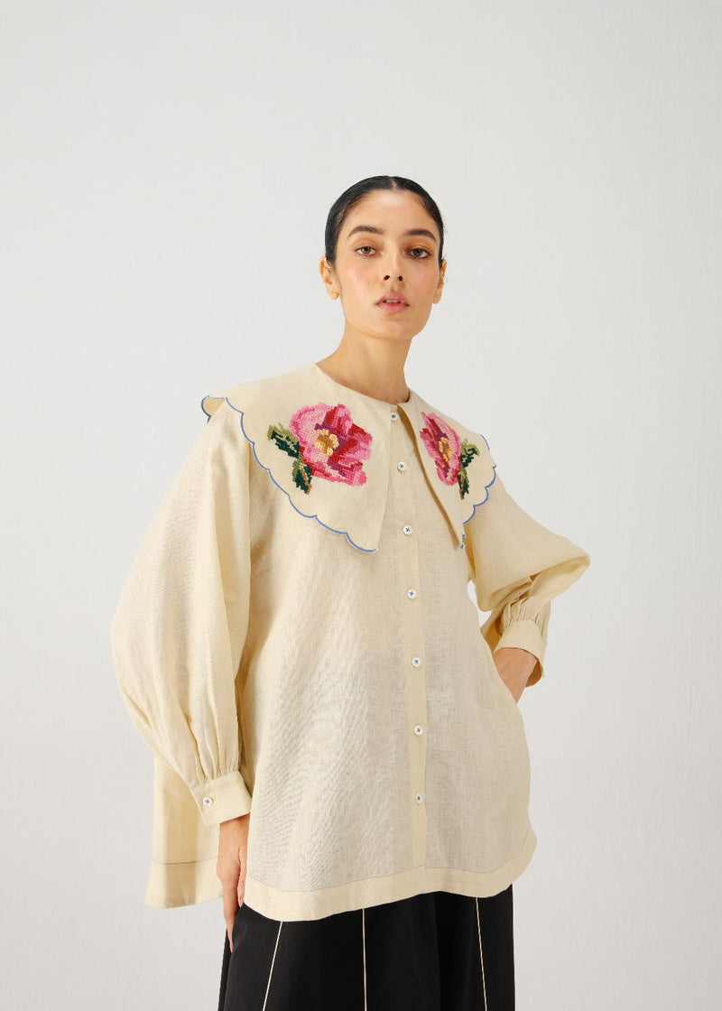 Julia top-Ivory rose emb. linen by CORD for women in Singapore